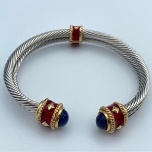 Vintage Cable Cuff Bracelet Silver & Gold Tone Red Enamel Blue Cabochons